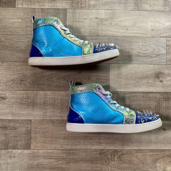 Blue Leather High-Top Snakeskin Shoes w/Spikes Lace-Up Ankle Boots Men's Size 10 - Picture 4 of 10